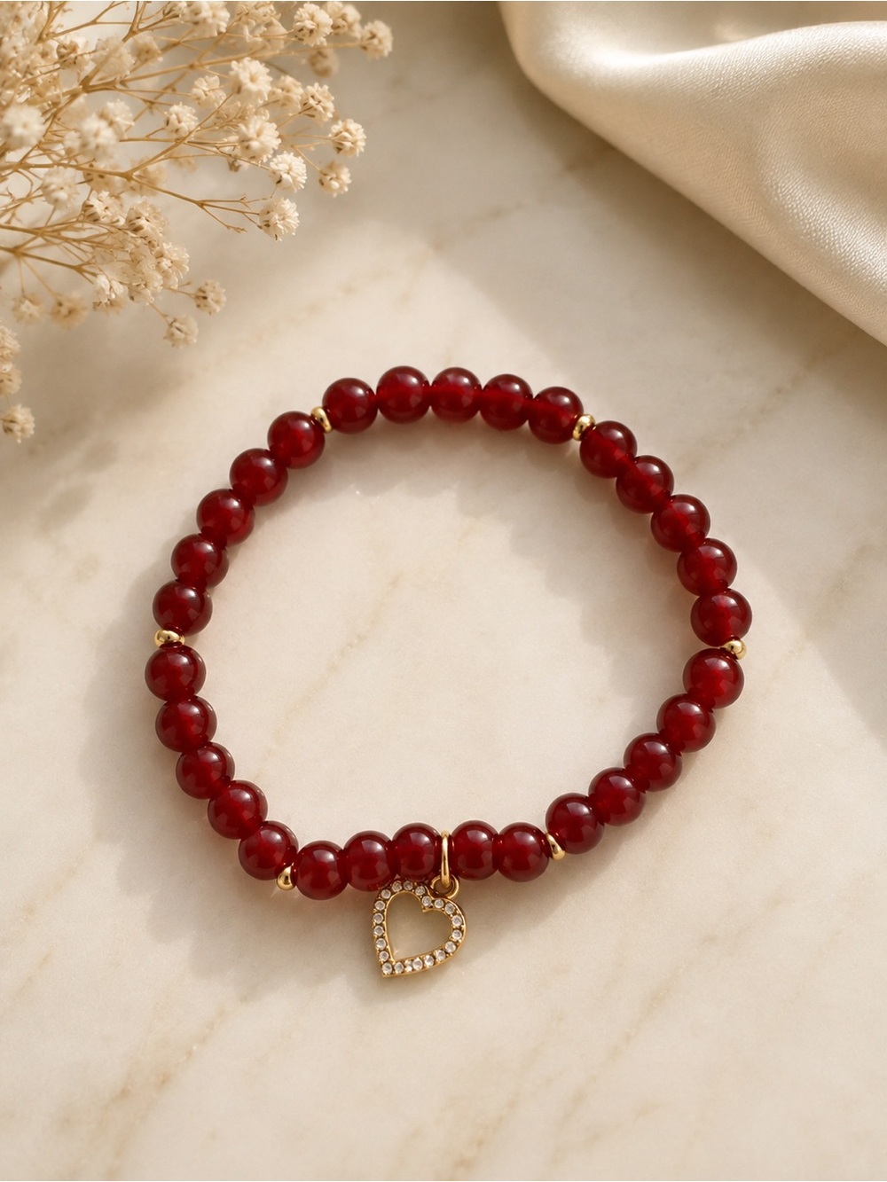 Red Beaded Heart Charm Bracelet - Women Jewelry